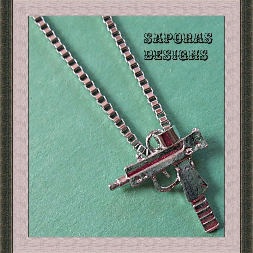 Silver Tone Gun Design Necklace Biker Gothic Punk Rock Style